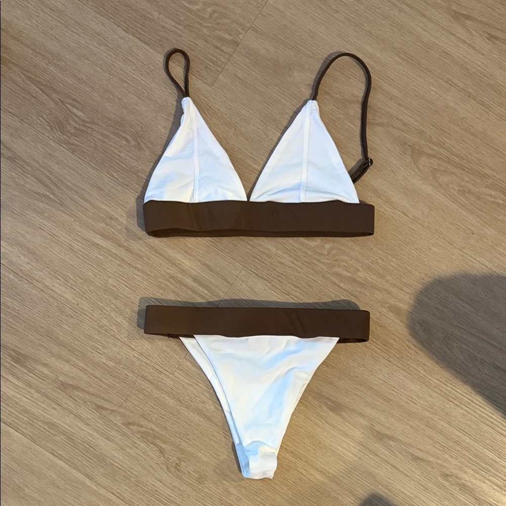 Everie Swim White and Brown Triangle Bikini Set
